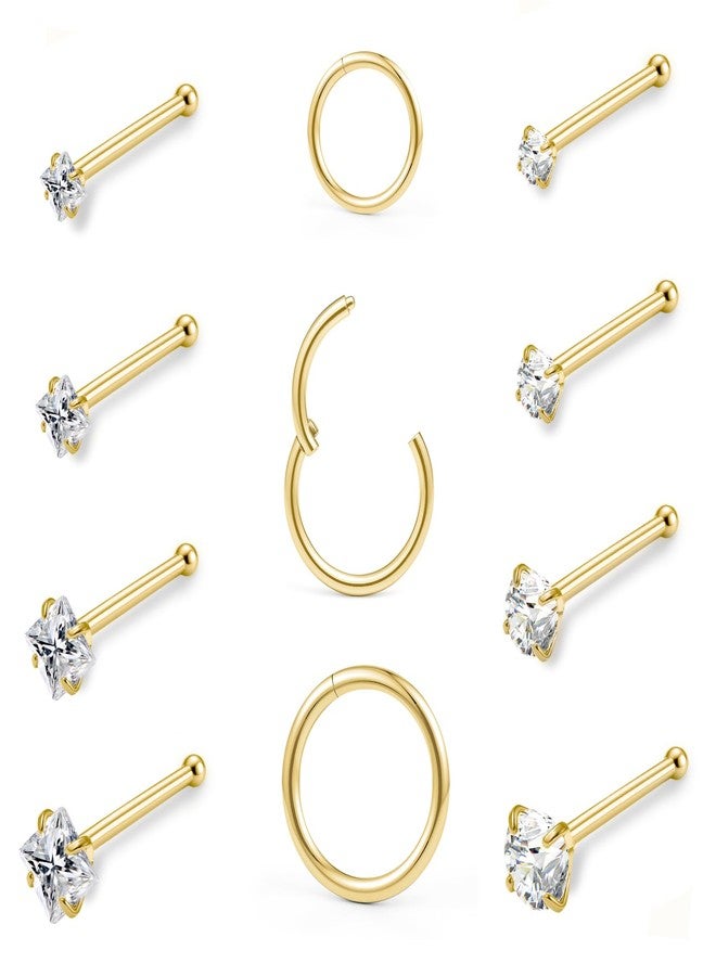 GingYing 20g Nose Rings Studs and 18g Nose Rings Hoops for Women Men: Hypoallergenic Surgical Stainless Steel Threadless Corkscrew/L Shape/Straight Nose Studs Round Square Simulated Diamond CZ 1.5/2/2.5/3mm Hinged Clicker Segment Nose Hoops Septum Nostril Piercing Nose Bone Jewelry 6/8/10mm 11pcs (11Pcs-Gold-Straight nose stud+Nose ring hoop) - Image 1